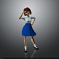 Child With Red Hair And Red Headband Posing In White Shirt And Blue Skirt