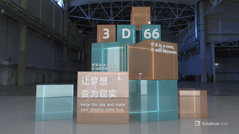 3D Stacked Cubes Exhibition Display Featuring 66 and See Your Dreams Come True 3d model 