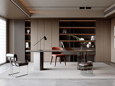 Modern Study Room Interior With Wooden Bookshelves Desk Chair Floor Lamp And Potted Plant 3d model