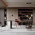 Modern Study Room Interior With Wooden Bookshelves Desk Chair Floor Lamp And Potted Plant