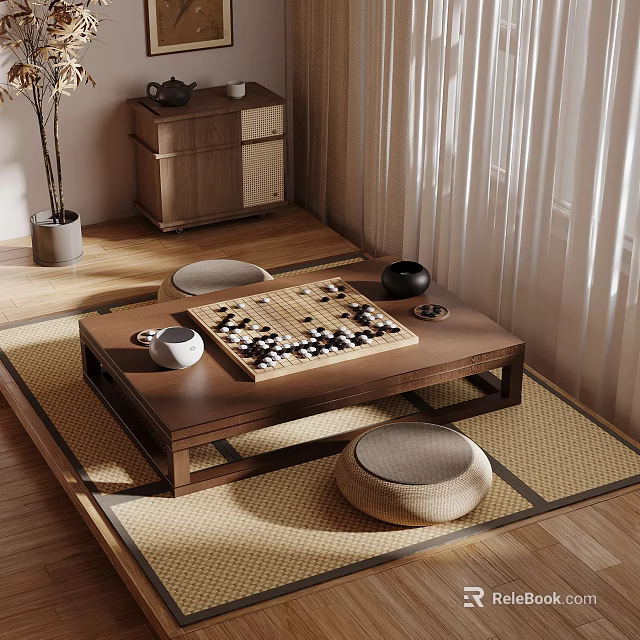 Tranquil Home Balcony With Tatami Mat Wooden Coffee Table Go Board Stools And Potted Plant 3d model 
