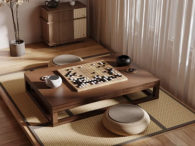 Tranquil Home Balcony With Tatami Mat Wooden Coffee Table Go Board Stools And Potted Plant 3d model