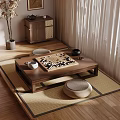 Tranquil Home Balcony With Tatami Mat Wooden Coffee Table Go Board Stools And Potted Plant