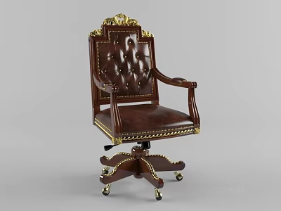 Dark Brown Leather Office Chair With Tufted Backrest Carved Details And Gold Accents Wheeled Base 3d model