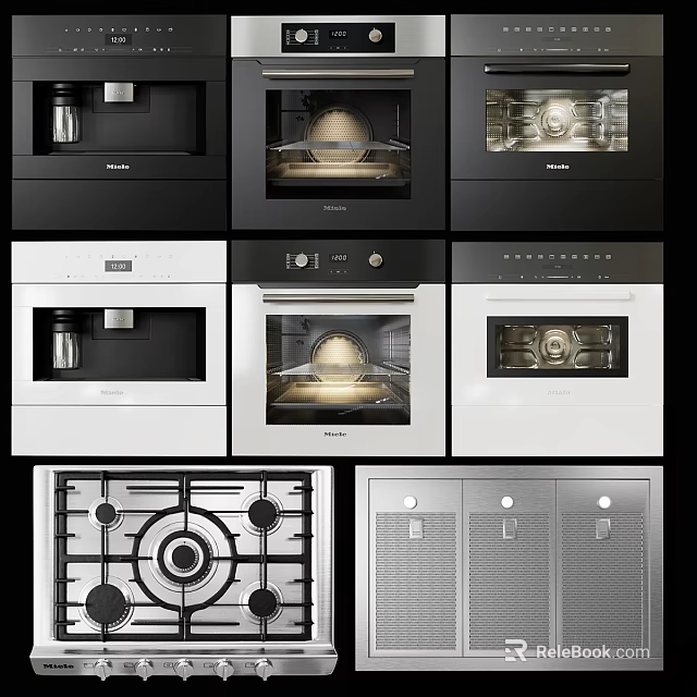 Modern Black And White Kitchen Appliances With Oven Coffee Maker Gas Stove And Range Hood 3d model 