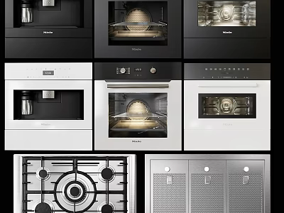 Modern Black And White Kitchen Appliances With Oven Coffee Maker Gas Stove And Range Hood 3d model