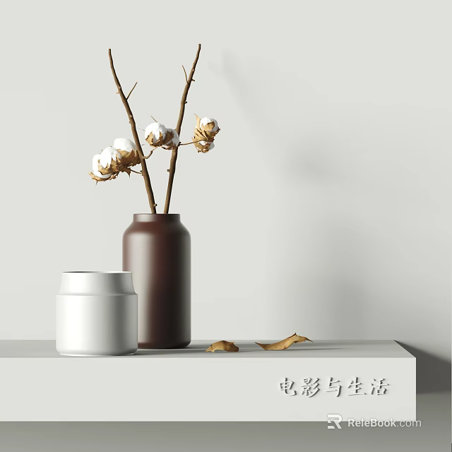 Brown Vase With Cotton Branches And White Jar On Minimalist Tabletop Decor 3d model 