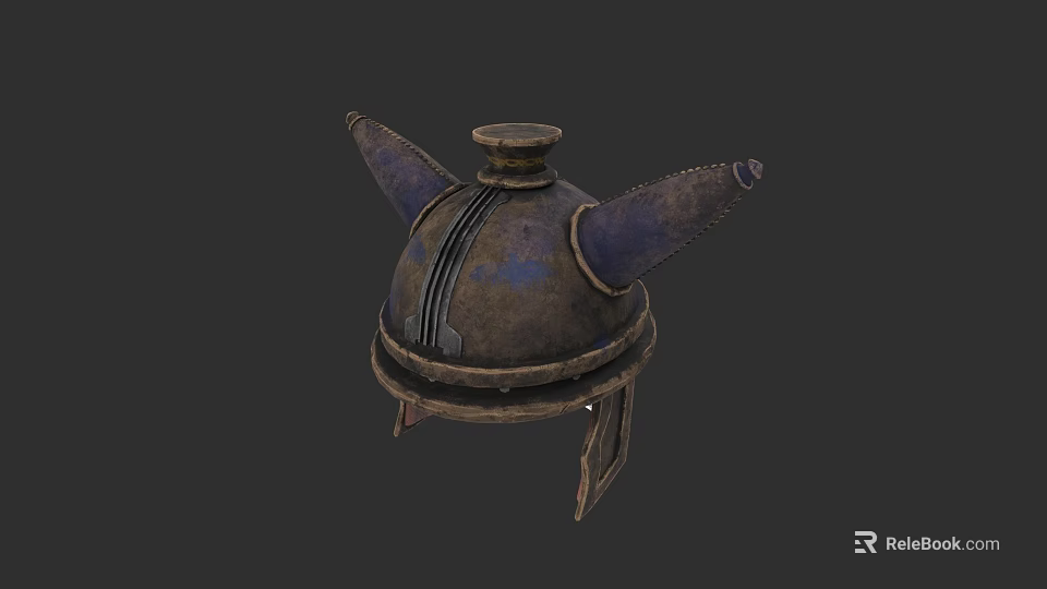 Medieval Warrior Helmet Featuring Purple Winged Design And Worn Metal Finish 3d model 