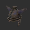 Medieval Warrior Helmet Featuring Purple Winged Design And Worn Metal Finish
