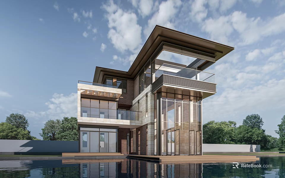 Modern Detached Villa With Glass Facade Swimming Pool And Lush Greenery 3d model 