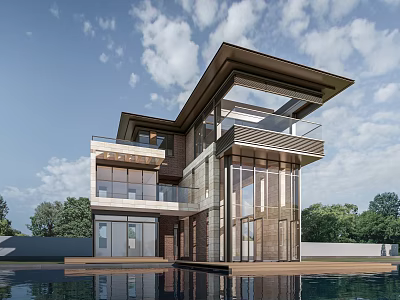 Modern Detached Villa With Glass Facade Swimming Pool And Lush Greenery 3d model