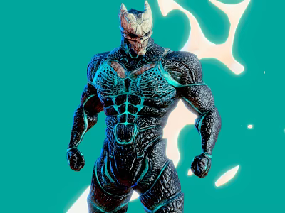 Futuristic Game Movie Character In Black Armor With Blue Glowing Patterns And Background Light Effects 3d model