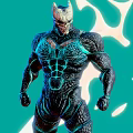 Futuristic Game Movie Character In Black Armor With Blue Glowing Patterns And Background Light Effects