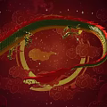 Flying Dragon Creature With Green Red Scales On Red Background With Clouds And Stars