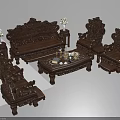 Traditional Carved Wooden Sofa Set With Coffee Table And Decorative Accents