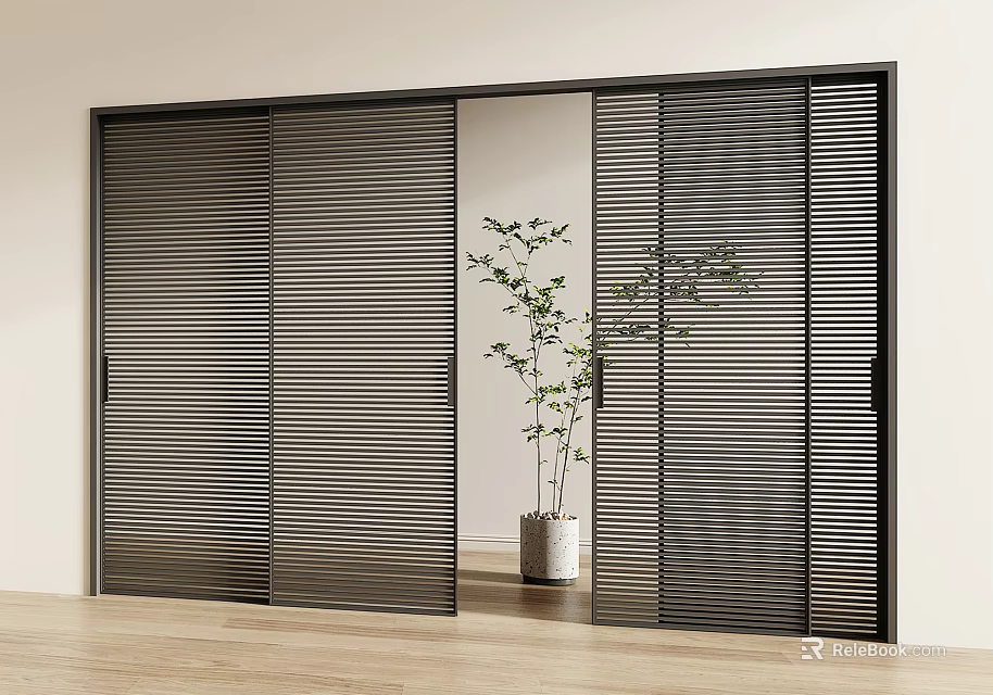 Modern Dark Sliding Doors With Louvered Design And Potted Plant In Interior 3d model 