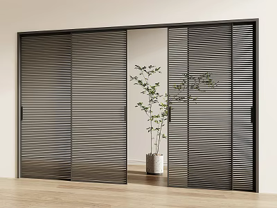 Modern Dark Sliding Doors With Louvered Design And Potted Plant In Interior 3d model