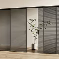 Modern Dark Sliding Doors With Louvered Design And Potted Plant In Interior
