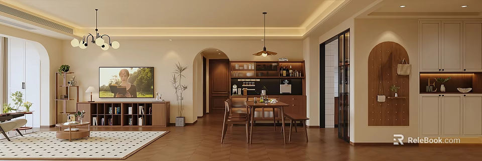 Cozy Modern Dining Living Room Interior With Wooden Table Chairs Pendant Light And Herringbone Floor 3d model 
