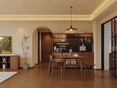 Cozy Modern Dining Living Room Interior With Wooden Table Chairs Pendant Light And Herringbone Floor 3d model