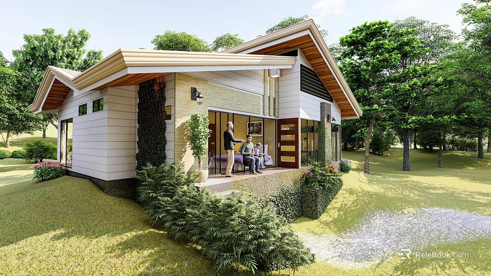 Modern Rural Self Built House With Terrace Large Windows And Green Trees 3d model 