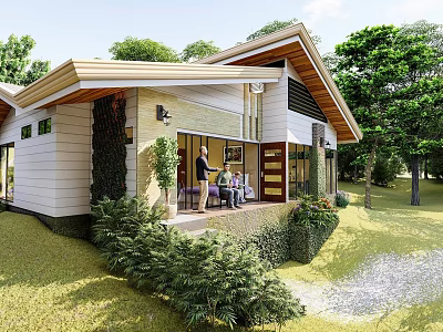 Modern Rural Self Built House With Terrace Large Windows And Green Trees 3d model