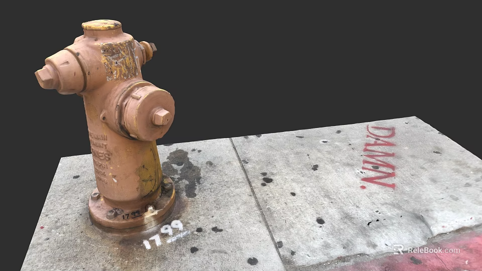 Rusty Fire Hydrant on Urban Street with Red Graffiti and Number Marking 3d model 