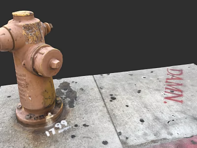 Rusty Fire Hydrant on Urban Street with Red Graffiti and Number Marking 3d model