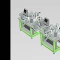Stainless Steel Industrial Equipment Featuring LCD Screens And Cylindrical Hoppers On Metal Workbenches