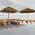 Scenic Landscape Pavilion Featuring Thatched Umbrellas Wooden Railings And Concrete Base