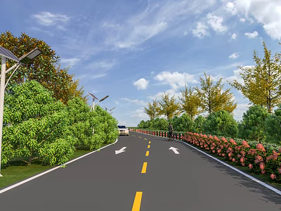 Road Facilities Featuring Solar Street Lights Green Trees And Flower Beds Along Two Way Lane 3d model