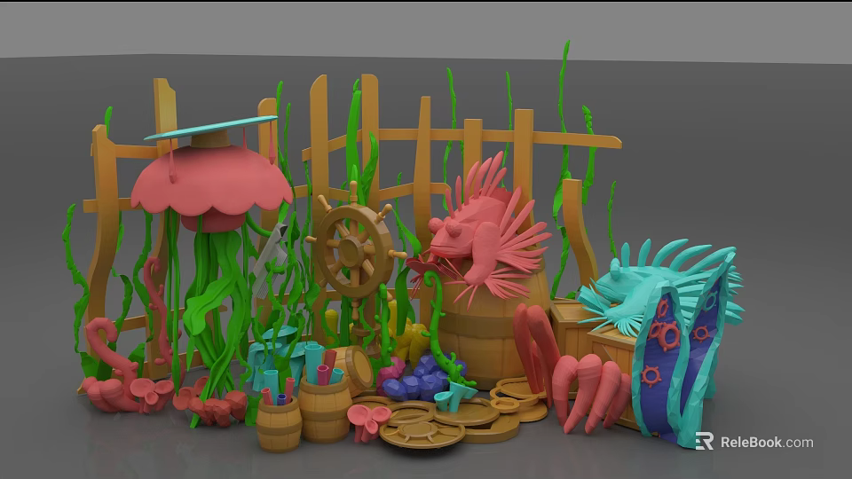 Cartoon Style Ocean Theme Decorations With Wooden Fence Ship Wheel And Marine Creatures 3d model 