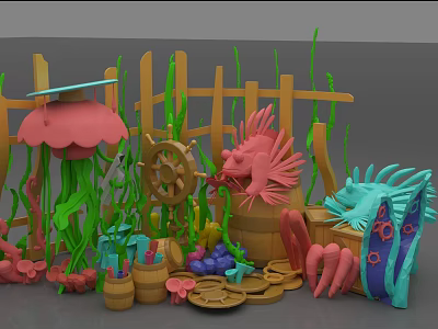 Cartoon Style Ocean Theme Decorations With Wooden Fence Ship Wheel And Marine Creatures 3d model