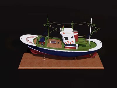 Detailed Decorative Model Ship With White Blue Green And Red Hull On Wooden Base 3d model