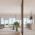 Modern Office Interior Design With Large Windows Curtains Desk Office Chair Sofa And Rug