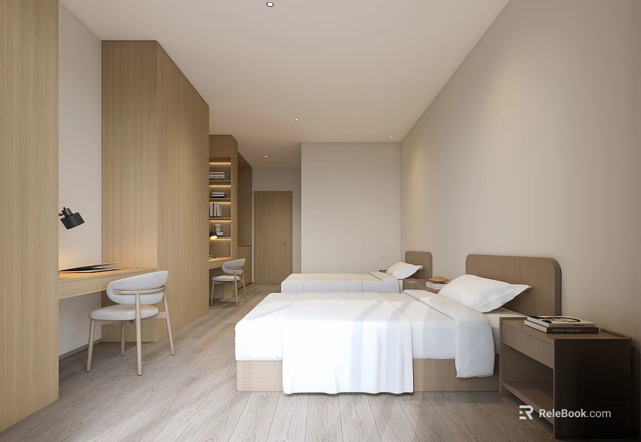 Modern Bedroom Interior Design With Wooden Beds Desk Chair Bookshelf Light-colored Walls And Table Lamp 3d model 