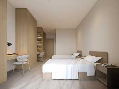 Modern Bedroom Interior Design With Wooden Beds Desk Chair Bookshelf Light-colored Walls And Table Lamp 3d model