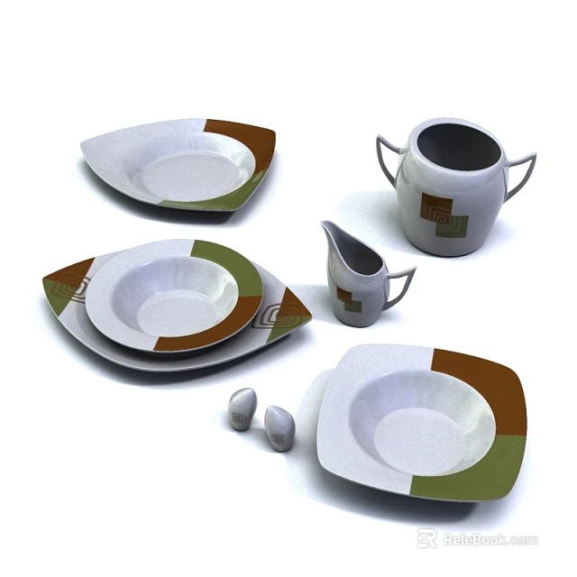 Modern Dinnerware Set with Plates Bowls Pitcher Creamer White Base Brown Green Geometric Design 3d model 