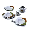 Modern Dinnerware Set with Plates Bowls Pitcher Creamer White Base Brown Green Geometric Design