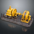 Yellow Industrial Mechanical Equipment With Large Wheels On Platform And Guardrail