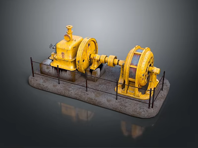 Yellow Industrial Mechanical Equipment With Large Wheels On Platform And Guardrail 3d model