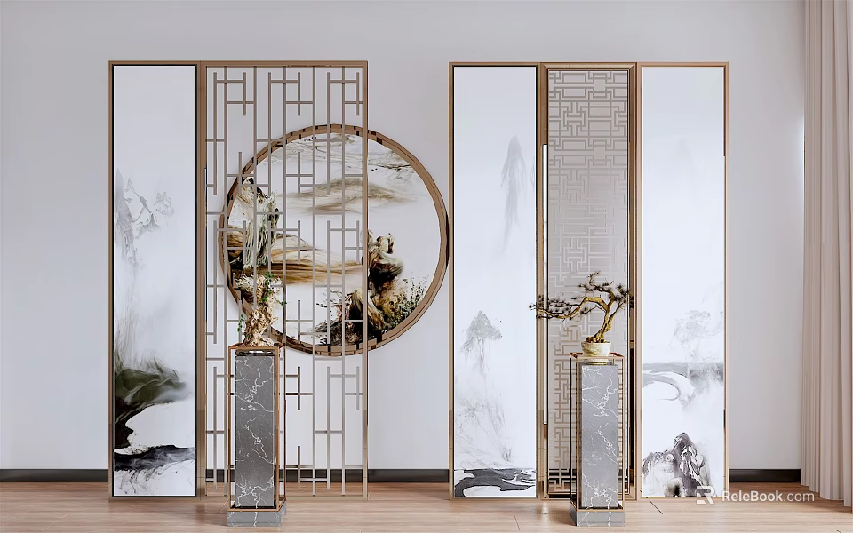 Modern Room Divider With Metal Frame Round Design Landscape Pattern And Marble Base Decor 3d model