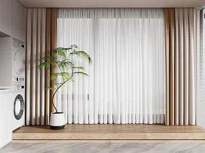 White Sheer And Brown Curtains For Modern Interior With Wooden Floor And Green Plant 3d model