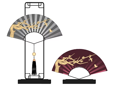 Gray and Dark Red Decorative Fans With Golden Branches Birds On Wooden Stands 3d model