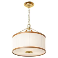Elegant Hanging Chandelier With Gold Chain Wooden Accents And White Lampshade