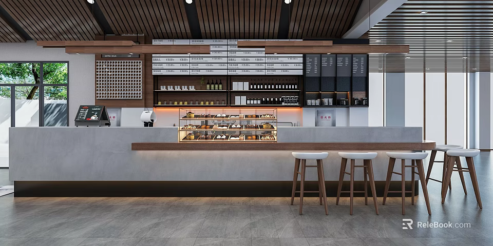 Modern Café Interior Design With Wooden Ceiling Counter White Stools And Coffee Bean Shelves 3d model 