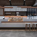 Modern Café Interior Design With Wooden Ceiling Counter White Stools And Coffee Bean Shelves