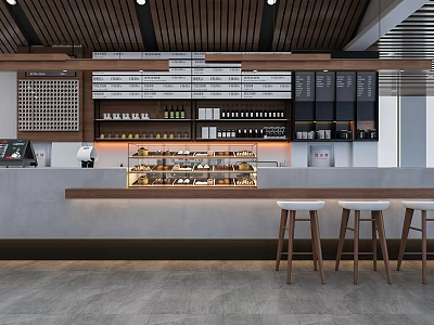 Modern Café Interior Design With Wooden Ceiling Counter White Stools And Coffee Bean Shelves 3d model