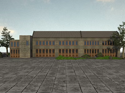 Ancient Building With Tile Roof Multiple Windows Doors And Trees In Front Paved Square 3d model