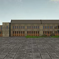 Ancient Building With Tile Roof Multiple Windows Doors And Trees In Front Paved Square